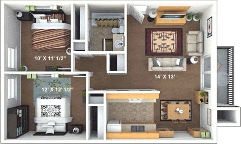 Floor plan for 2 beds, 1 bath, 864 sqft